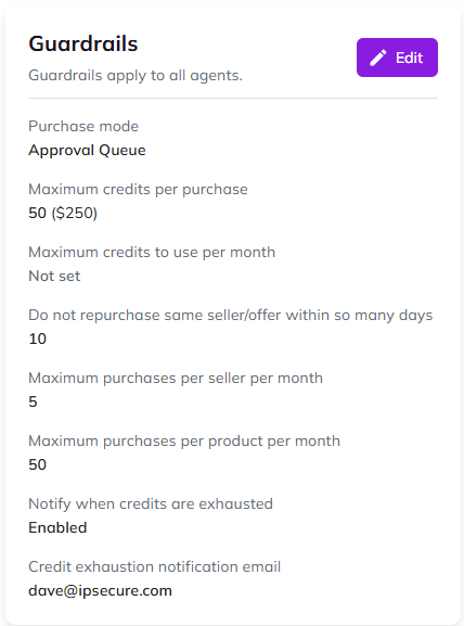 buyerAI Guardrails configuration showing approval queue, credit limits, and purchase limits