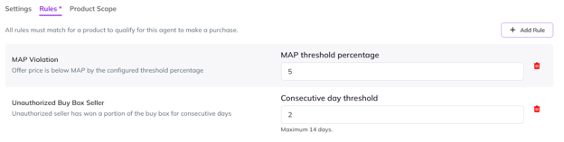 buyerAI rules screen showing MAP and Buy Box Seller rules