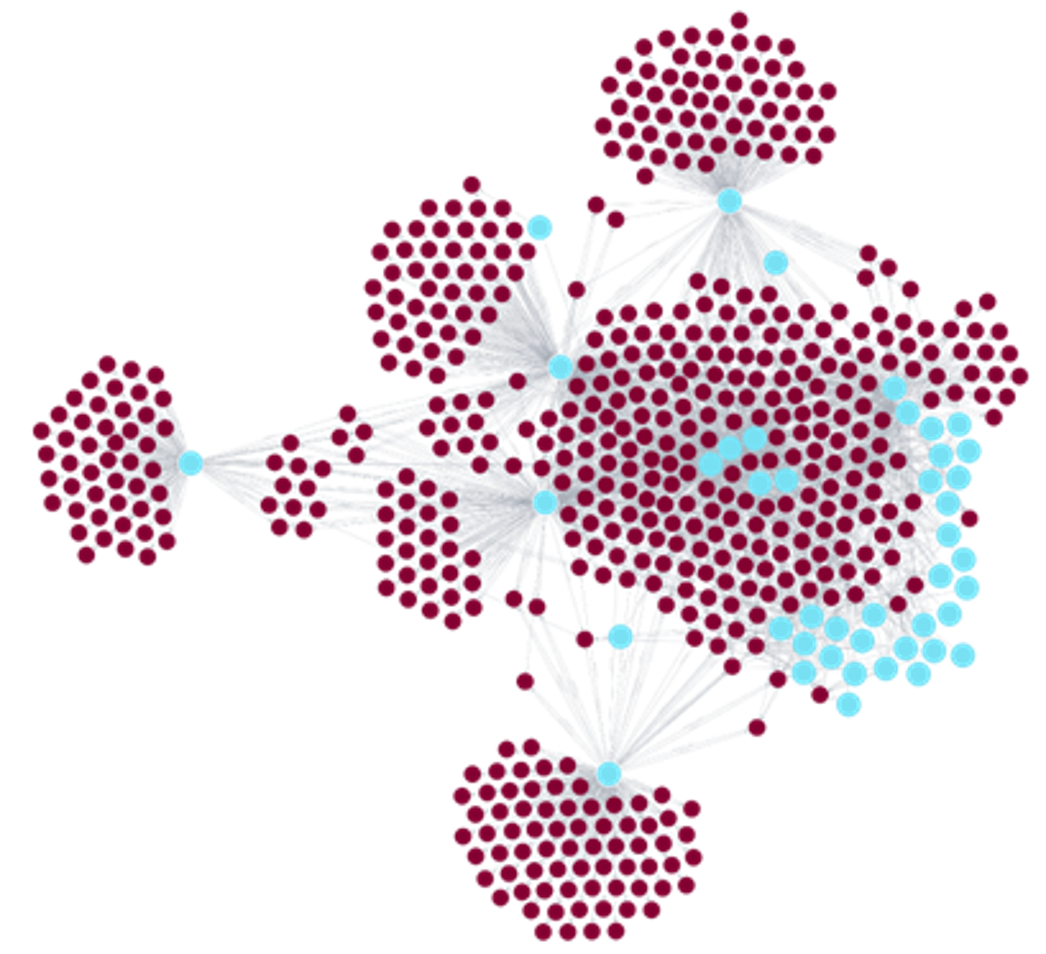Network graph with teal brand nodes and dark red confirmed bad actor seller nodes