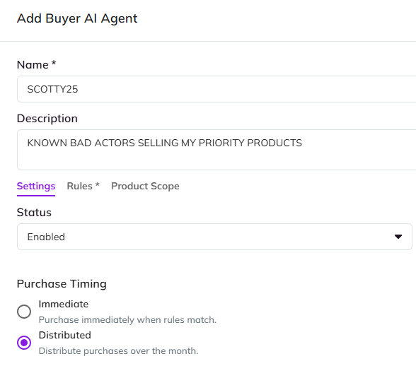 buyerAI agent setup screen showing agent description and immediate or distributed purchase timing
